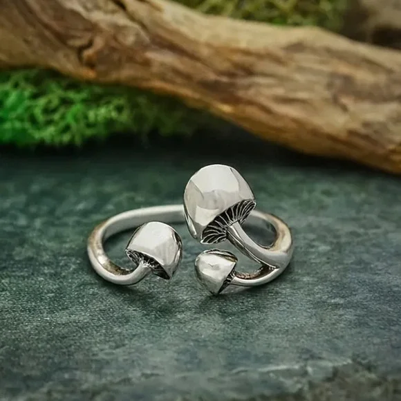 NEW Adjustable Open mushroom Ring silver fungi fantasy nature ring - Picture 1 of 4
